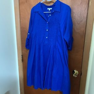 GAP shirt dress, cobalt blue, tuxedo pleat front, full slip dress underneath, XL